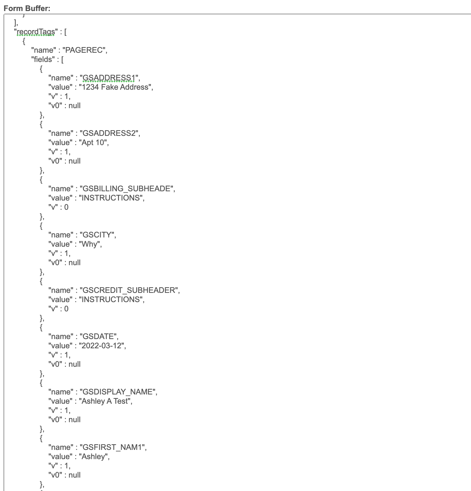 A screenshot showing an example of form data in XML format