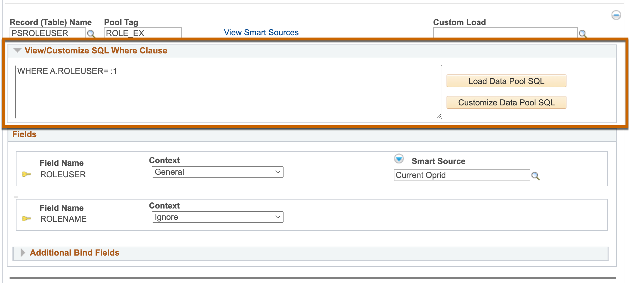 A screenshot of the Data Pool menu with the new &#39;Customize SQL Where Clause&#39; section highlighted