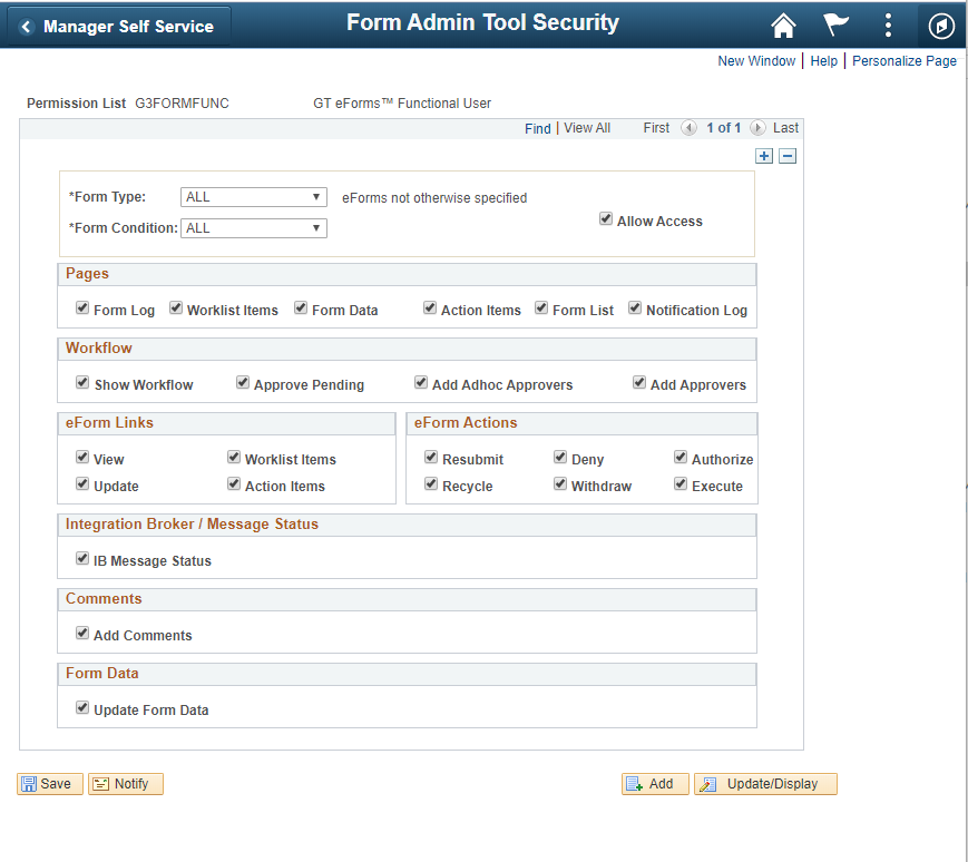 A screenshot of the &#39;Form Admin Tool Security&#39; menu