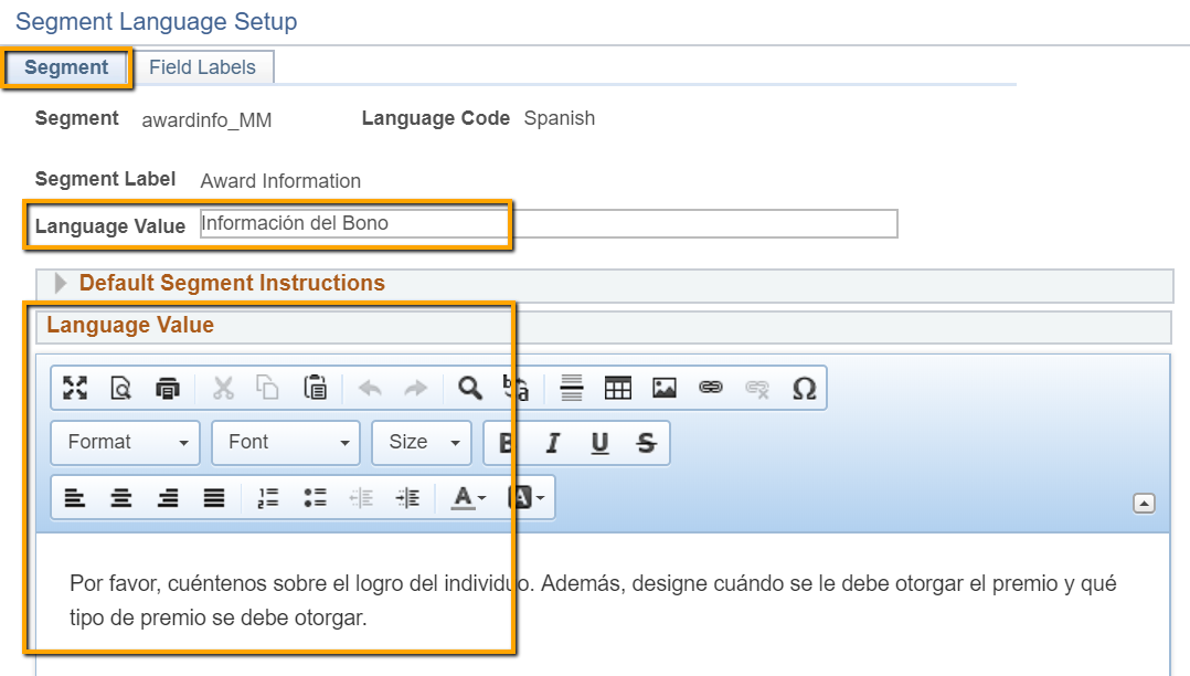 A screenshot of the menu that allows users to provide translations for instructions that appear in segments on an eForm