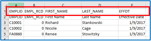 a screenshot in excel of the first row showing the Input field ids