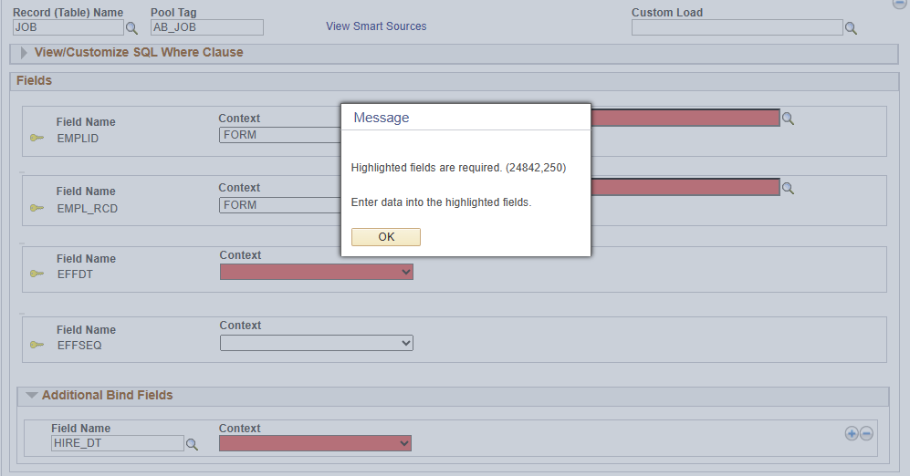 A screenshot of the validation message that appears when a user adds a data pool record with blank context for an Additional Bind