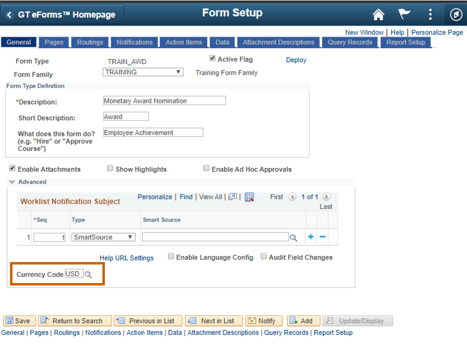 A screenshot showing the &#39;Currency Code&#39; field in the Form Setup menu