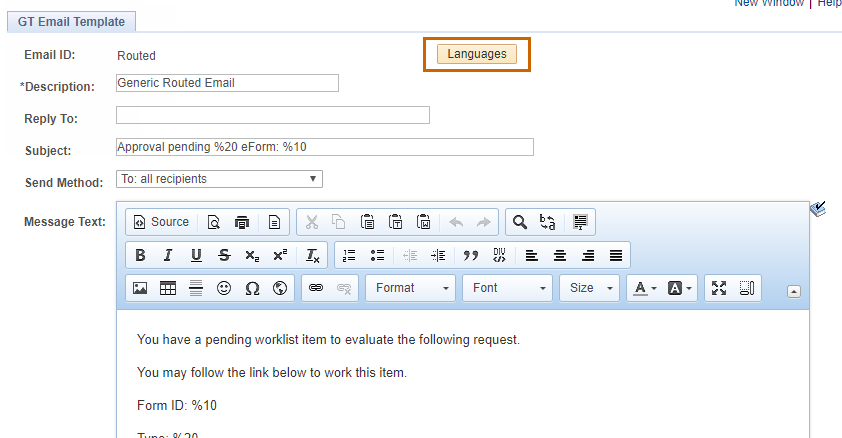 A screenshot of the &#39;Languages&#39; button that appears in the &#39;GT Email Template&#39; menu