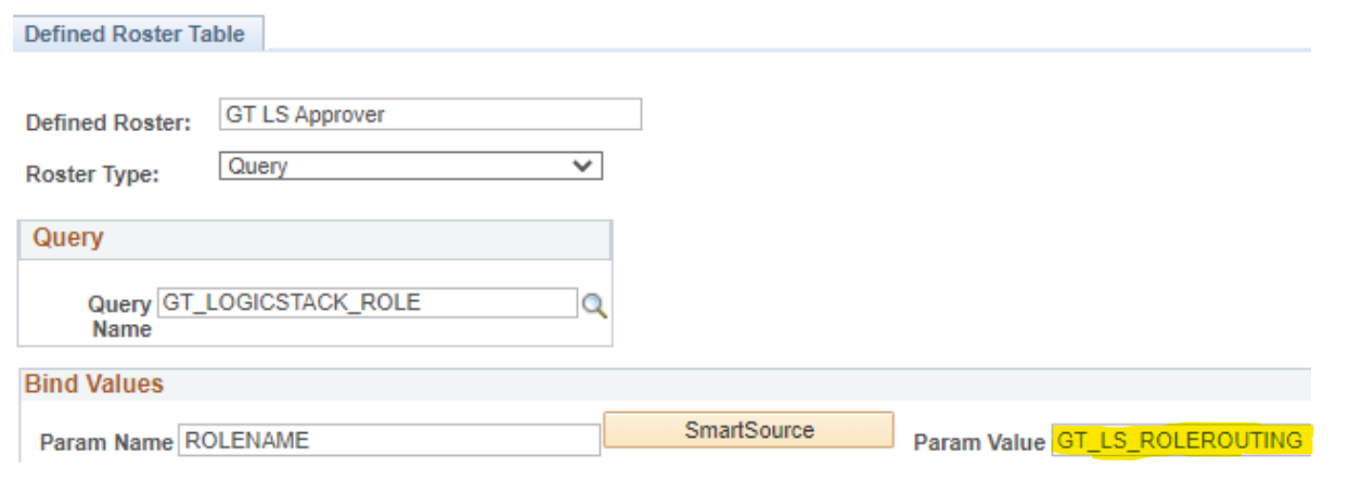 A screenshot of a Defined Roster with a LogicStack provided in the &#39;Param Value&#39; field