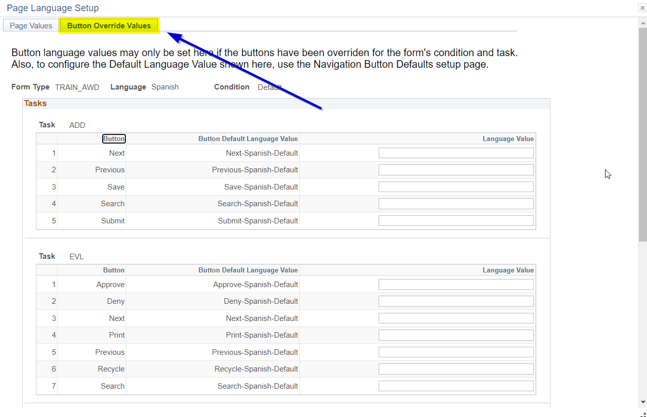 A screenshot of the Language Translation setup menu that appears for Navigation Button Labels