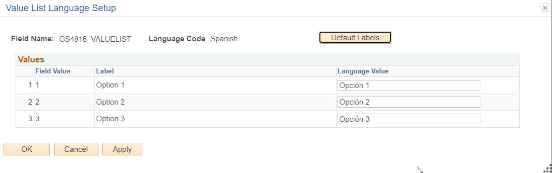 A screenshot of the language translation setup menu for Value Lists