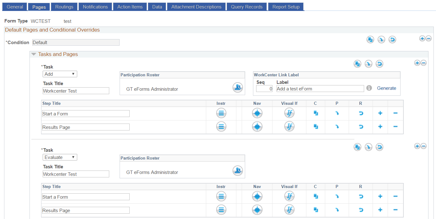 A screenshot of hte &#39;Workcenter Link Label&#39; section in the Pages Tab of Form Setup