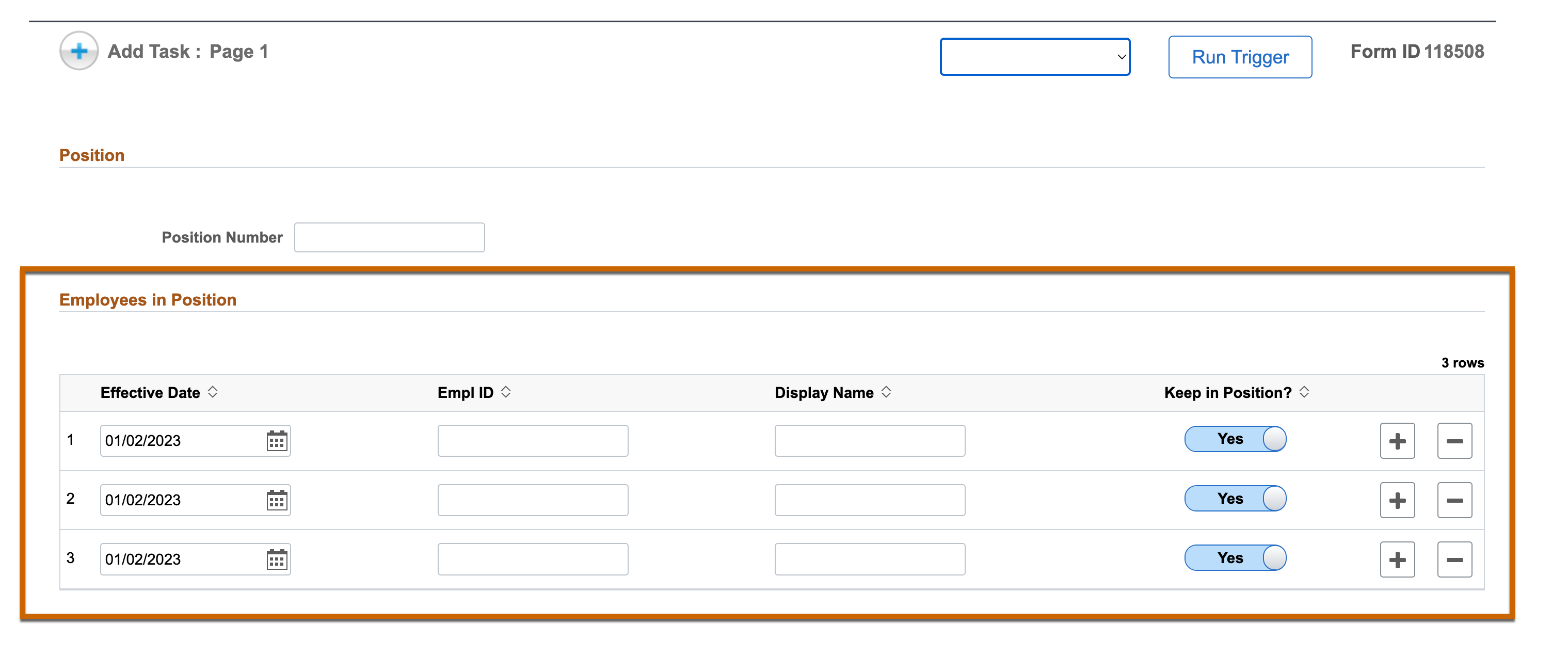 A screenshot of a form with the pre-determined number of empty rows at the bottom of the page