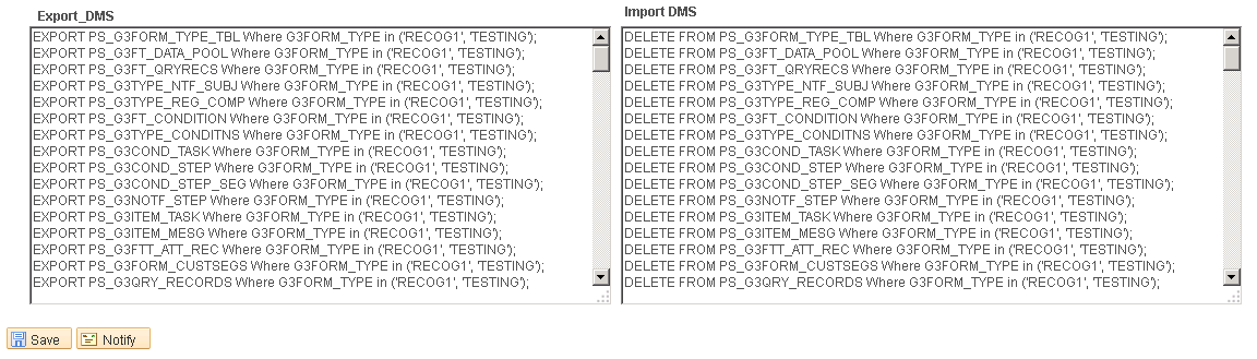 A screenshot of the Export DMS nad Import DMS fields with a script populated