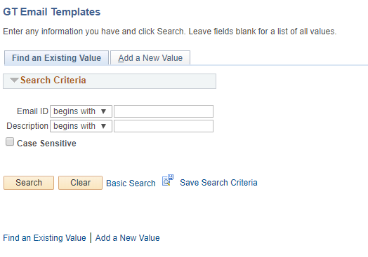 A screenshot of the Search window for finding an existing email template