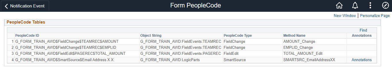 Screenshot of Form PeopleCode search results