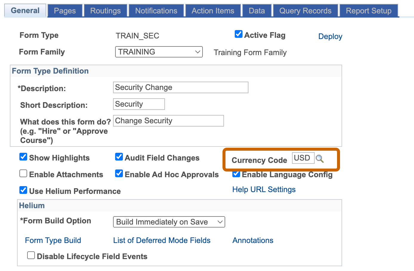 A screenshot of the General Tab of Form Setup with the &#39;Currency Code&#39; field highlighted