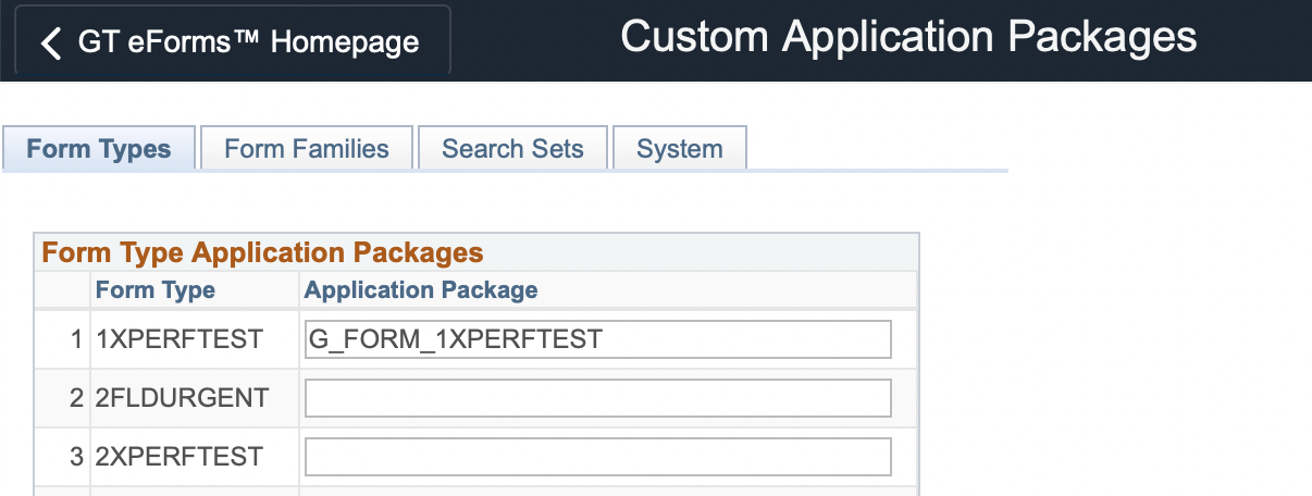 A screenshot of the &#39;Custom Application Packages&#39; menu with a custom application package configured for a form type