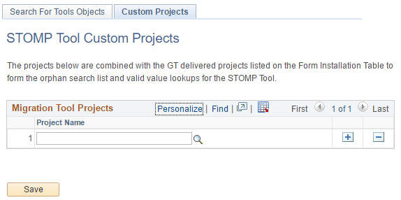 Screenshot of STOMP Tool Custom Projects Tab