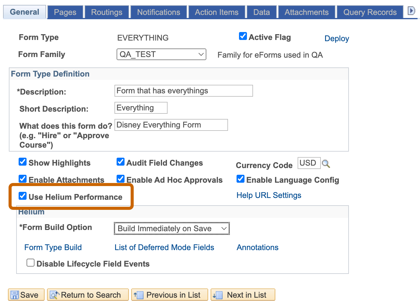 A screenshot of the General Tab of Form Setup with the &#39;Use Helium Performance&#39; checkbox highlighted