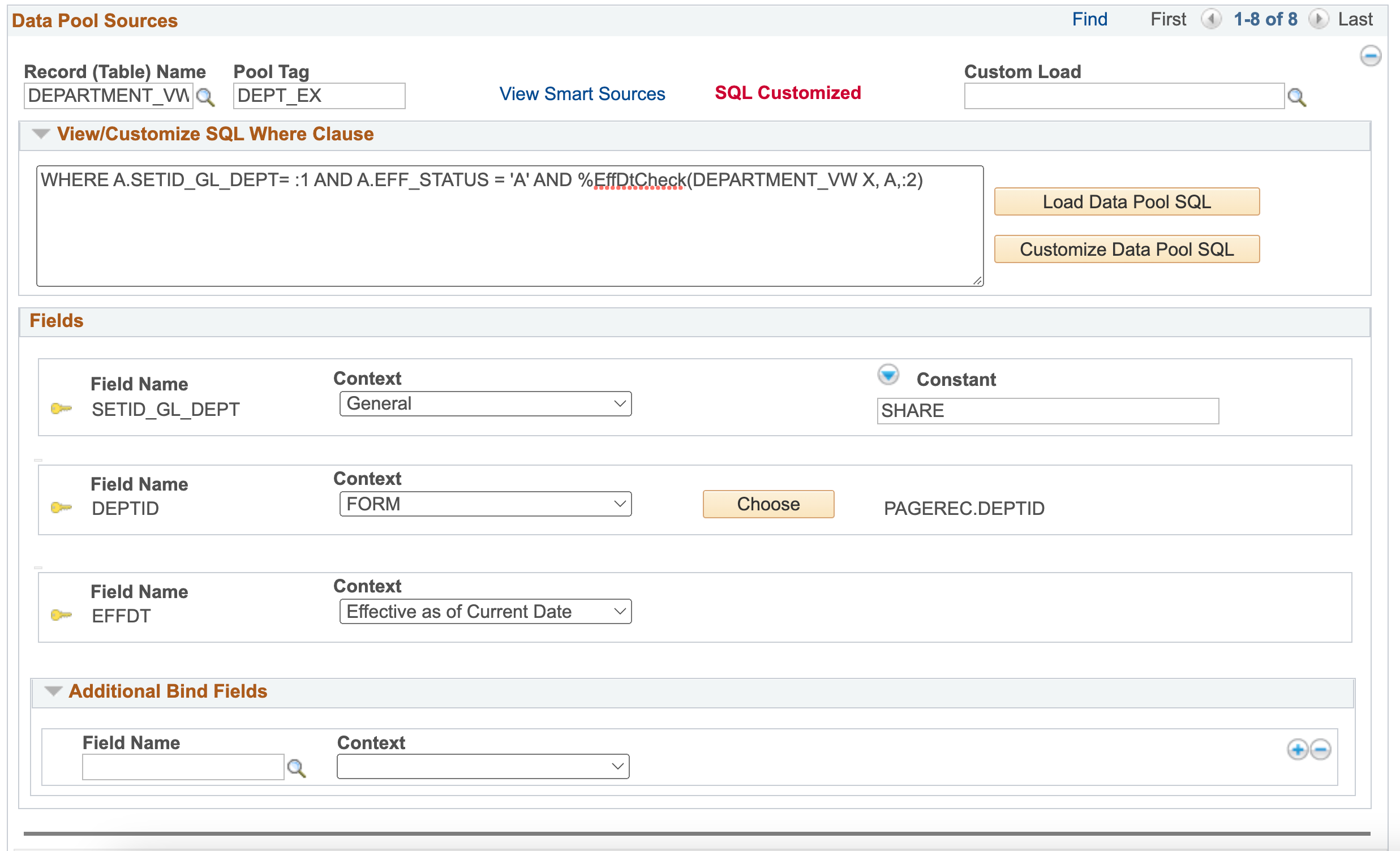 A screenshot of the data pool custom sql box