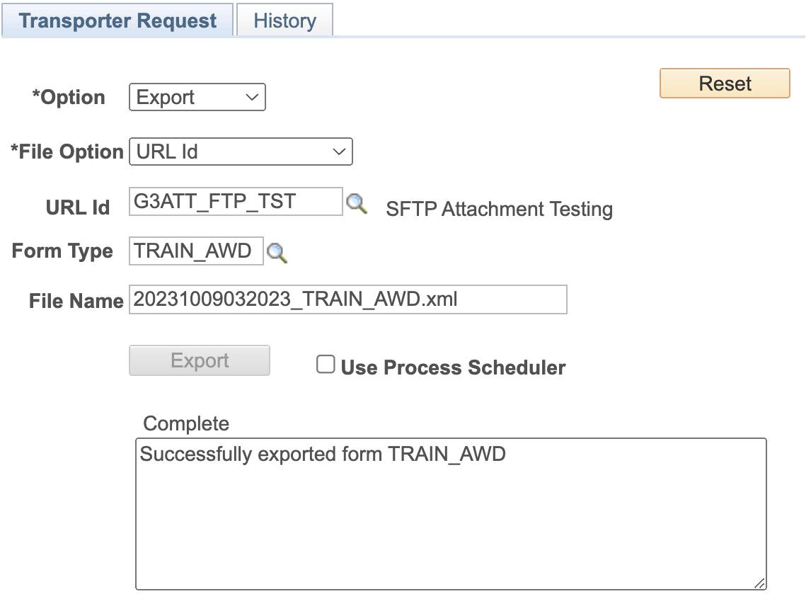 A screenshot transporter export using URL ID option