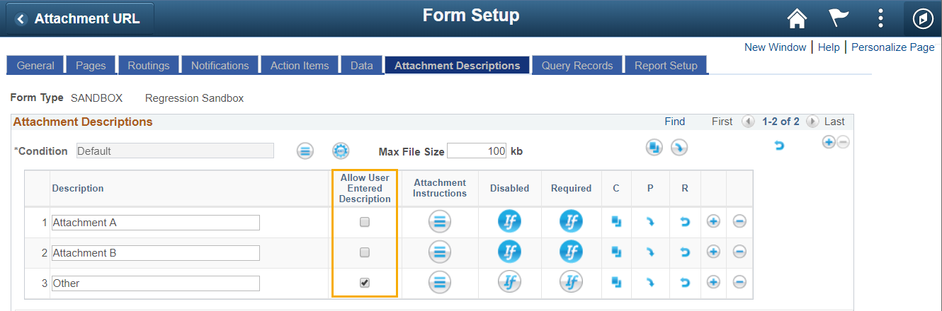 A screenshot of the Attachments Tab that shows the option to select &#39;Allow User-Entered Description&#39;