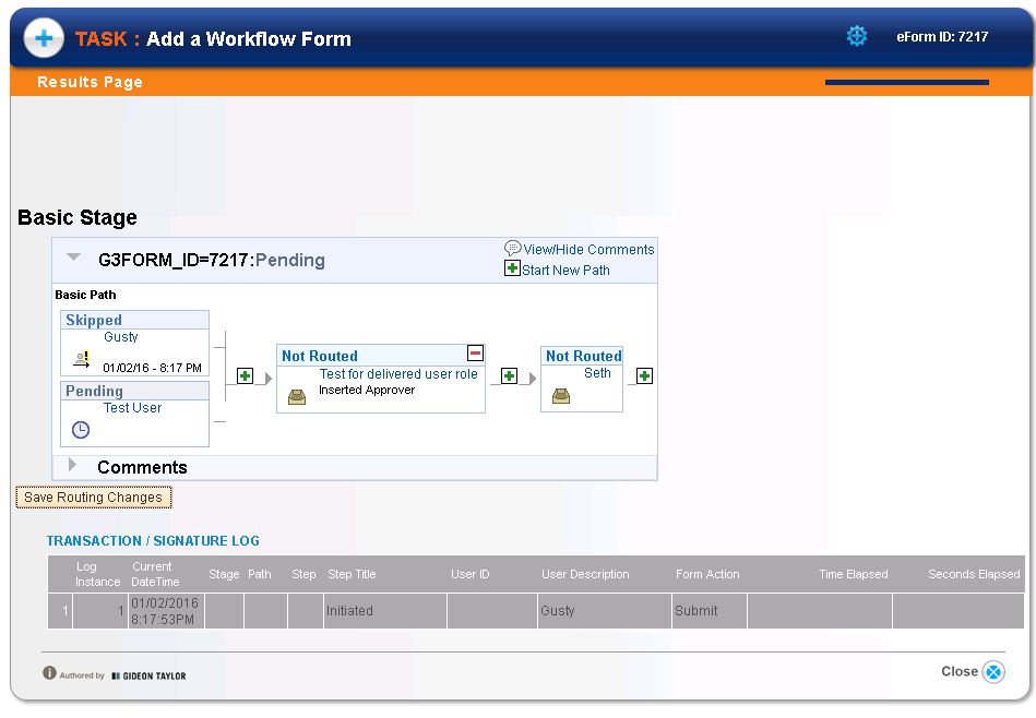 A screenshot of a form Results page with the Ad Hoc routing section displayed