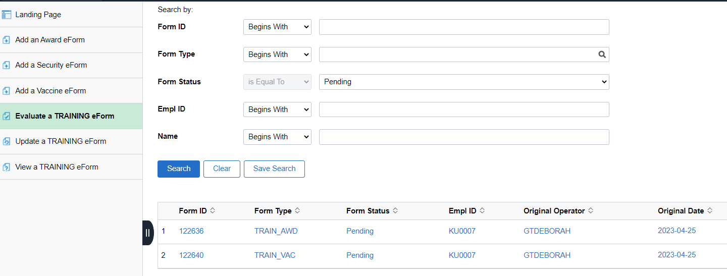 A screenshot of the search window with criteria