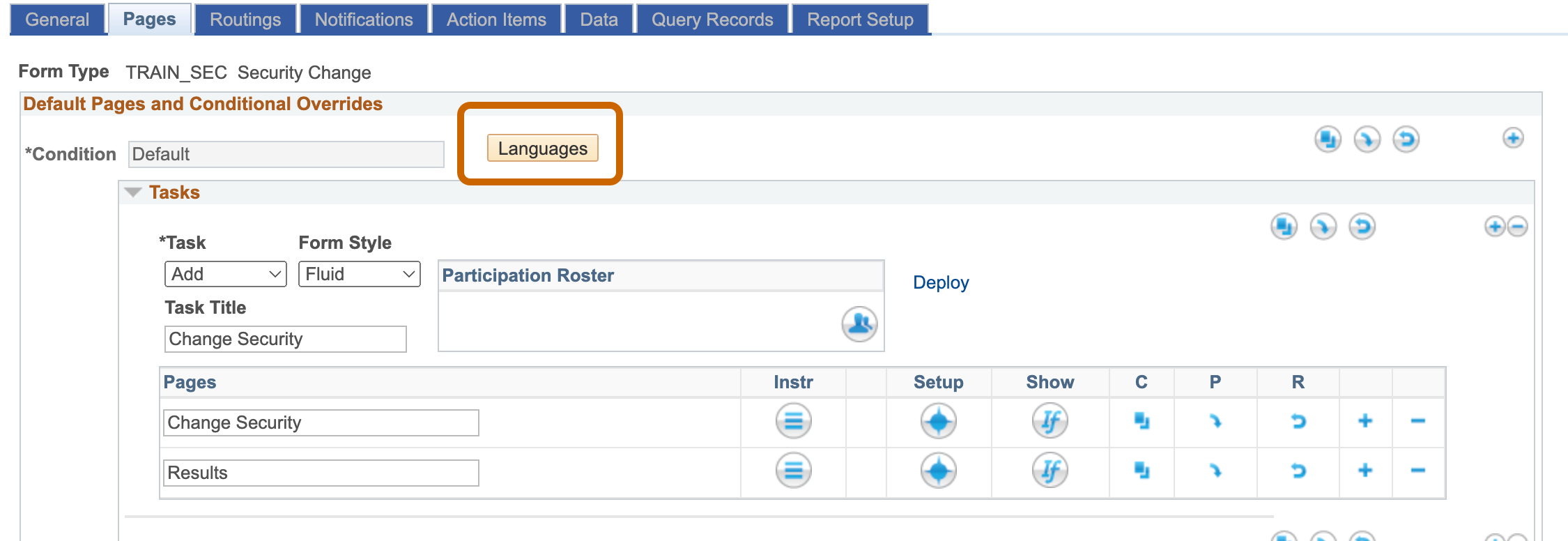 A screenshot of the &#39;Languages&#39; button on the Pages Tab of Form Setup