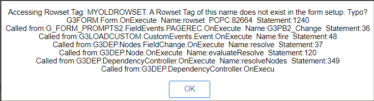 An example of the error that appears if a Helium engine can not find a Rowset or Record Tag