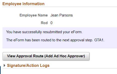 A screenshot of the &#39;View Approval Route (Add Ad Hoc Approver)&#39; link that appears on the View Task