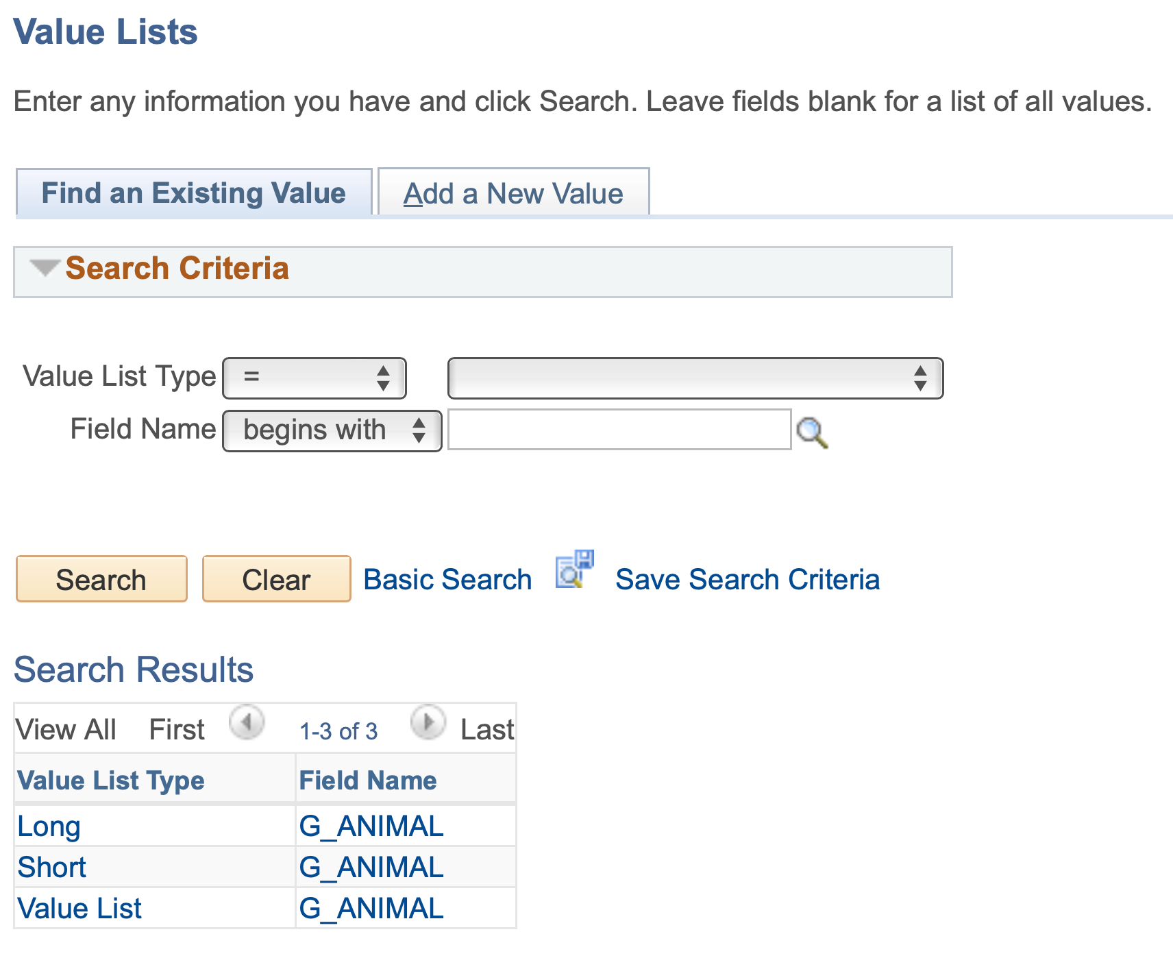 Screenshot of the value list search page