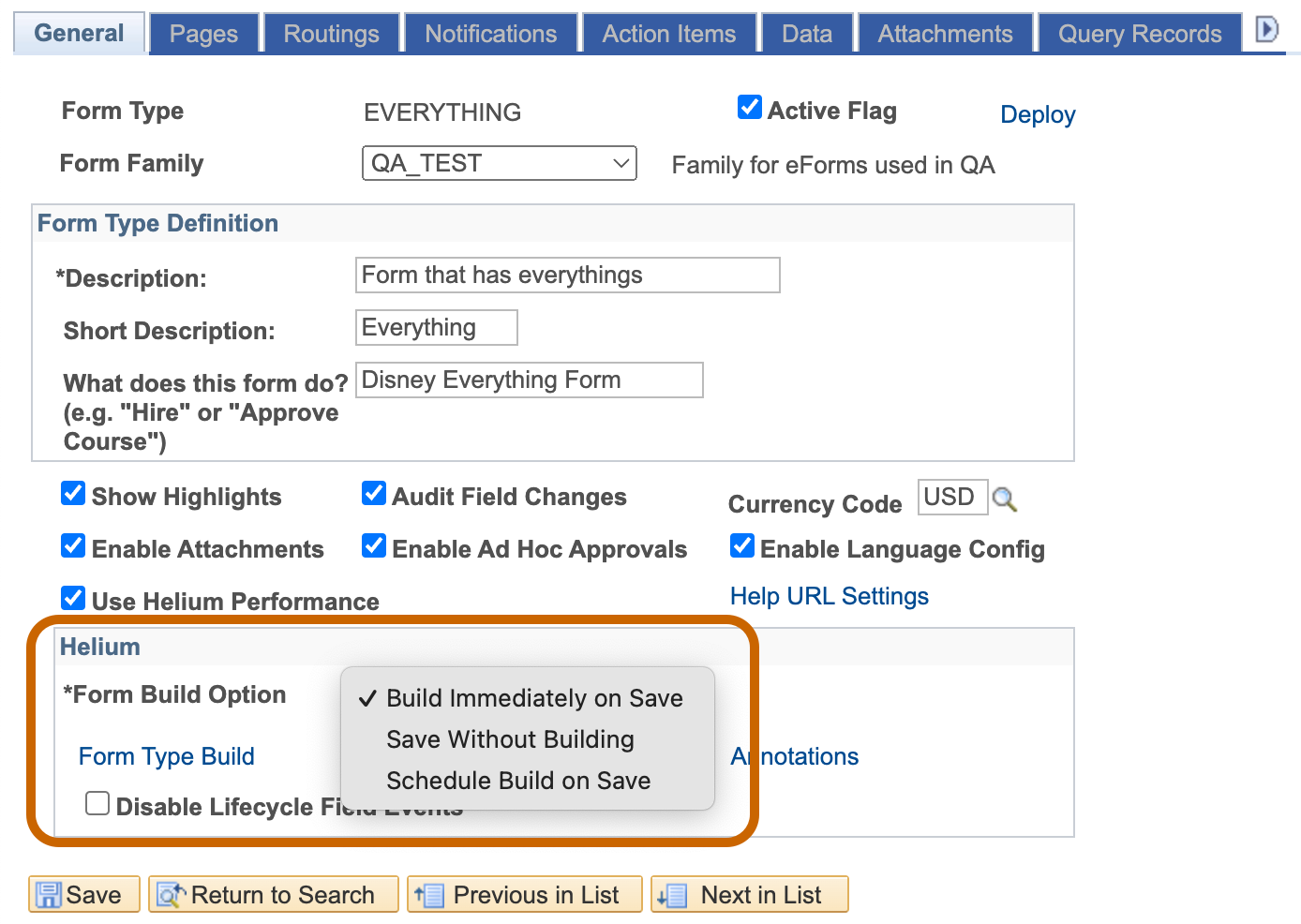 A screenshot showing the Form Build options on the General Tab of Form Setup