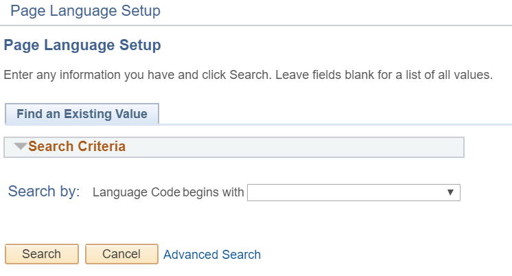 A screenshot of the search menu for &#39;Page Language Setup&#39;