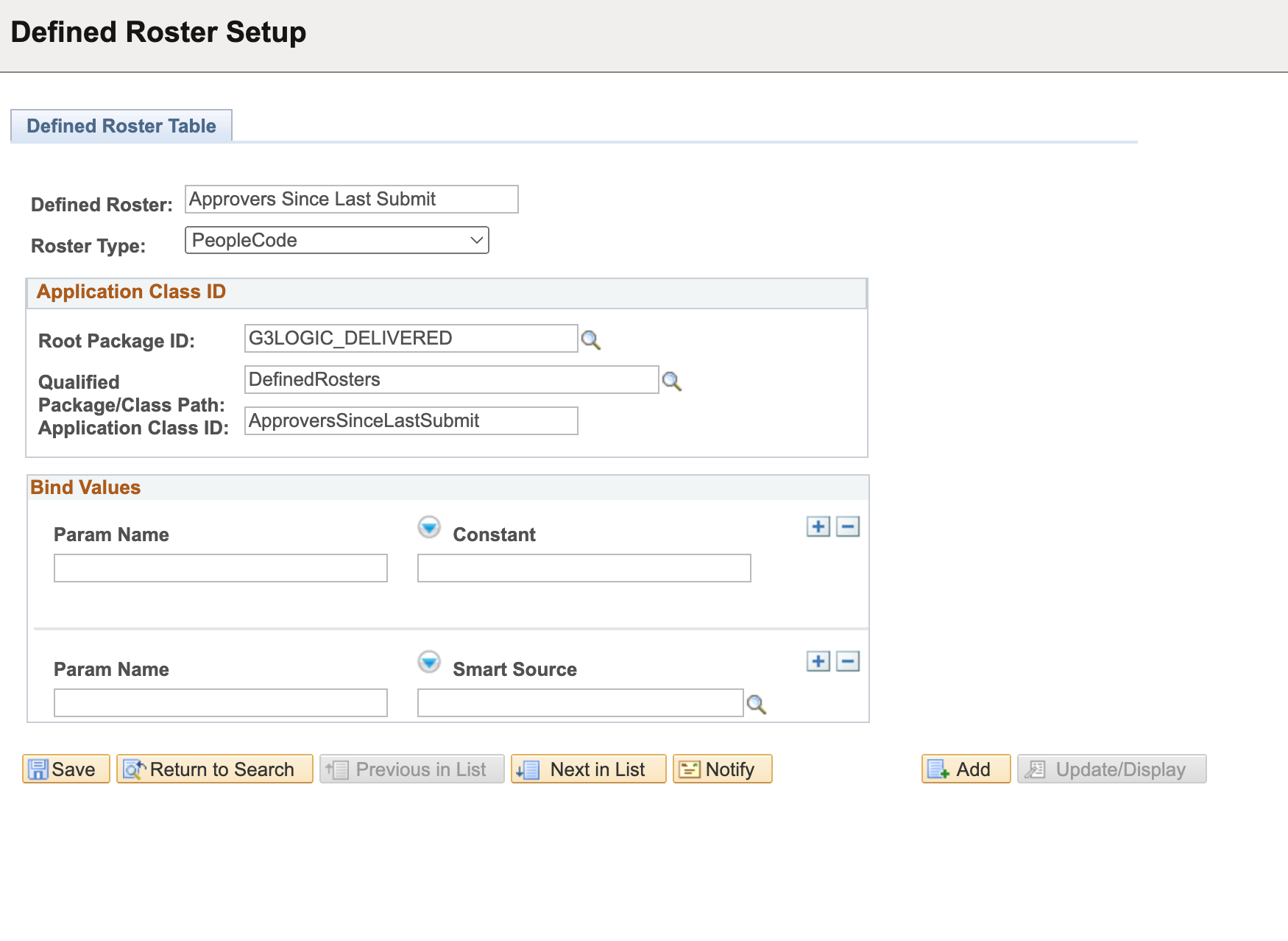 Screenshot of PeopleCode Defined Roster Setup 