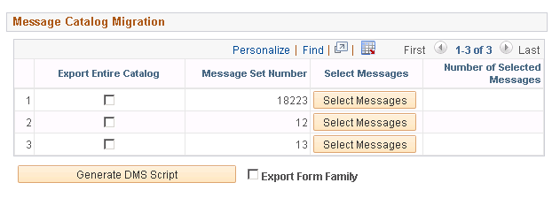 A screenshot of the Message Catalog Migration section populated with three messages