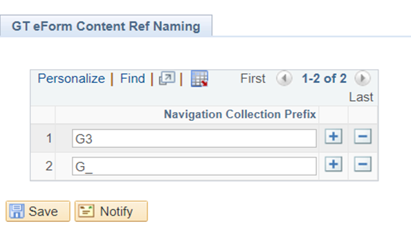 A screenshot of the GT eForms Content Ref Naming page showing delivered settings