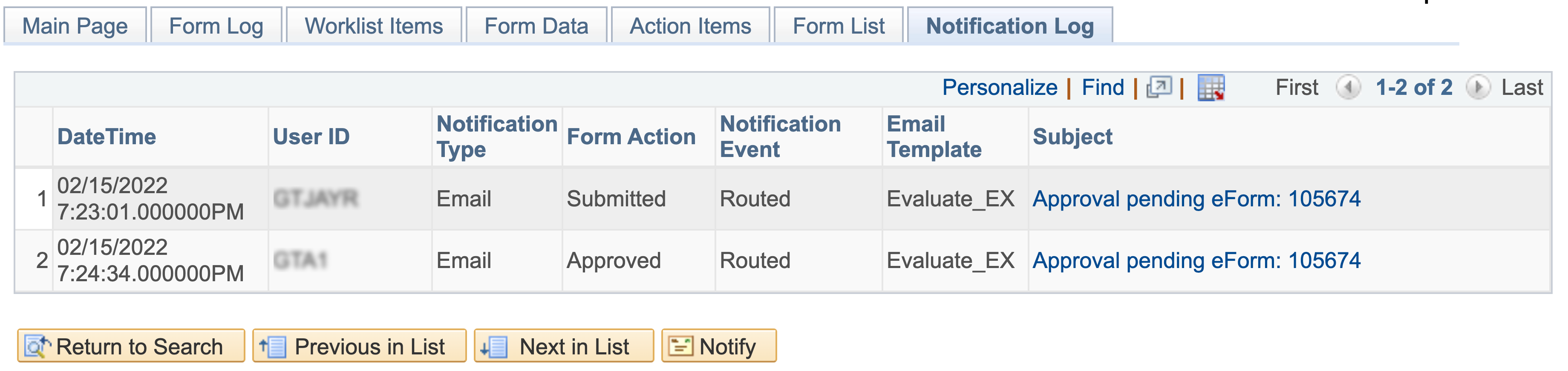 Screenshot Form Admin Tool Notification Log Tab