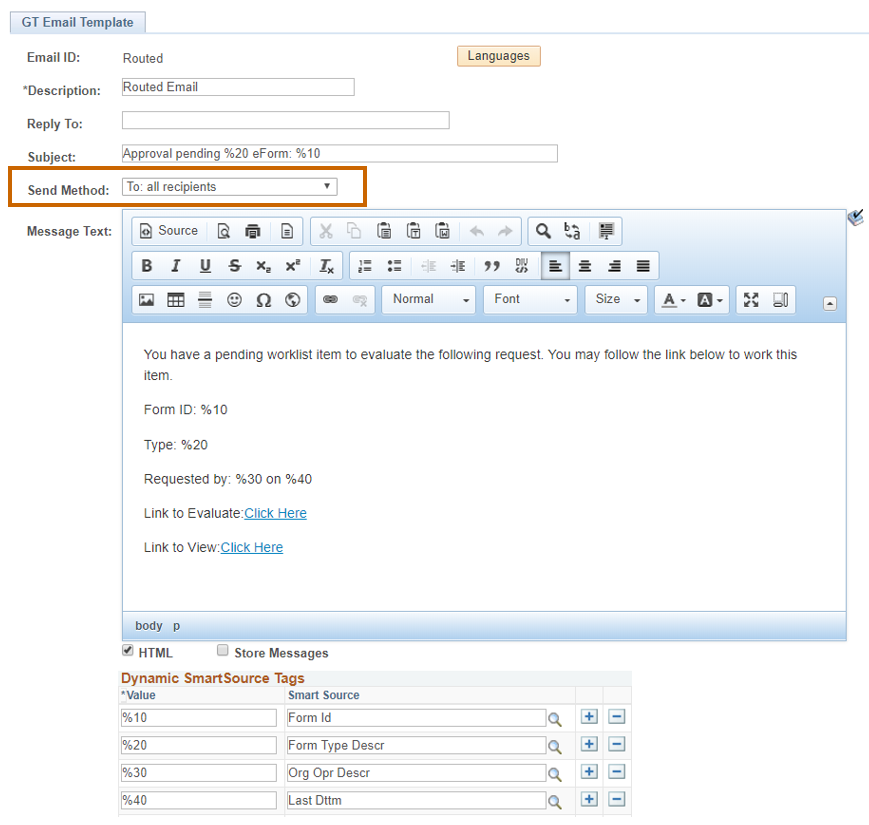 A screenshot of the &#39;GT Email Template&#39; menu with the &#39;Send Method&#39; drop-down highlighted