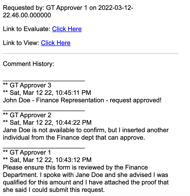 A screenshot of an email that contains the comment history HTML for an eForm