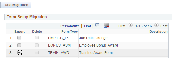 A screenshot of the Form Setup Migration section with the Training Award Form checked for Export