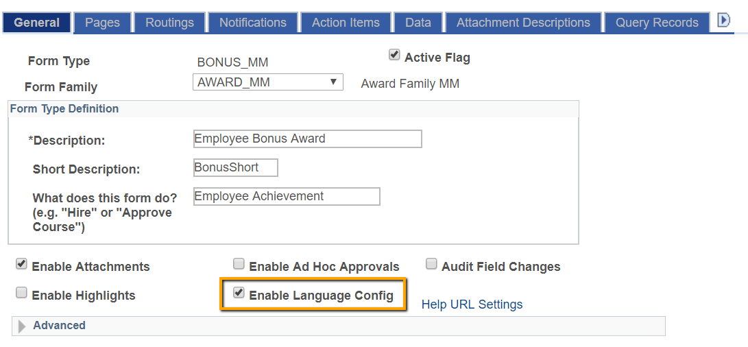 A screenshot showing the &#39;Enable Language Config&#39; checkbox in Form Setup