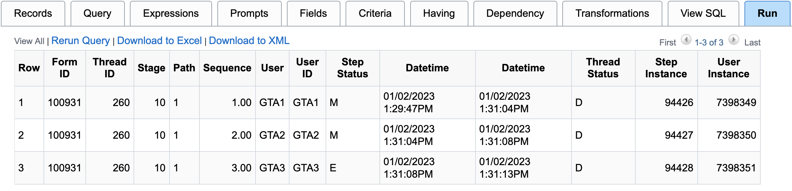 A screenshot of the Query Manager menu with results from the G3AWE_FRM_USTEP view