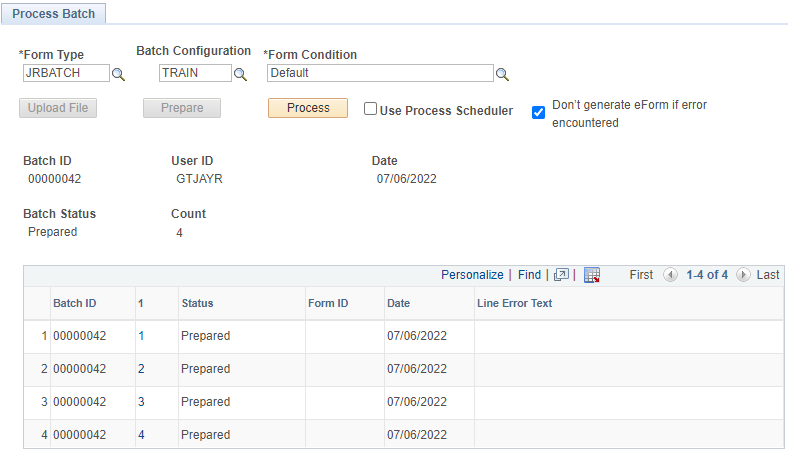 a screenshot of the Process batch window with a batch uploaded