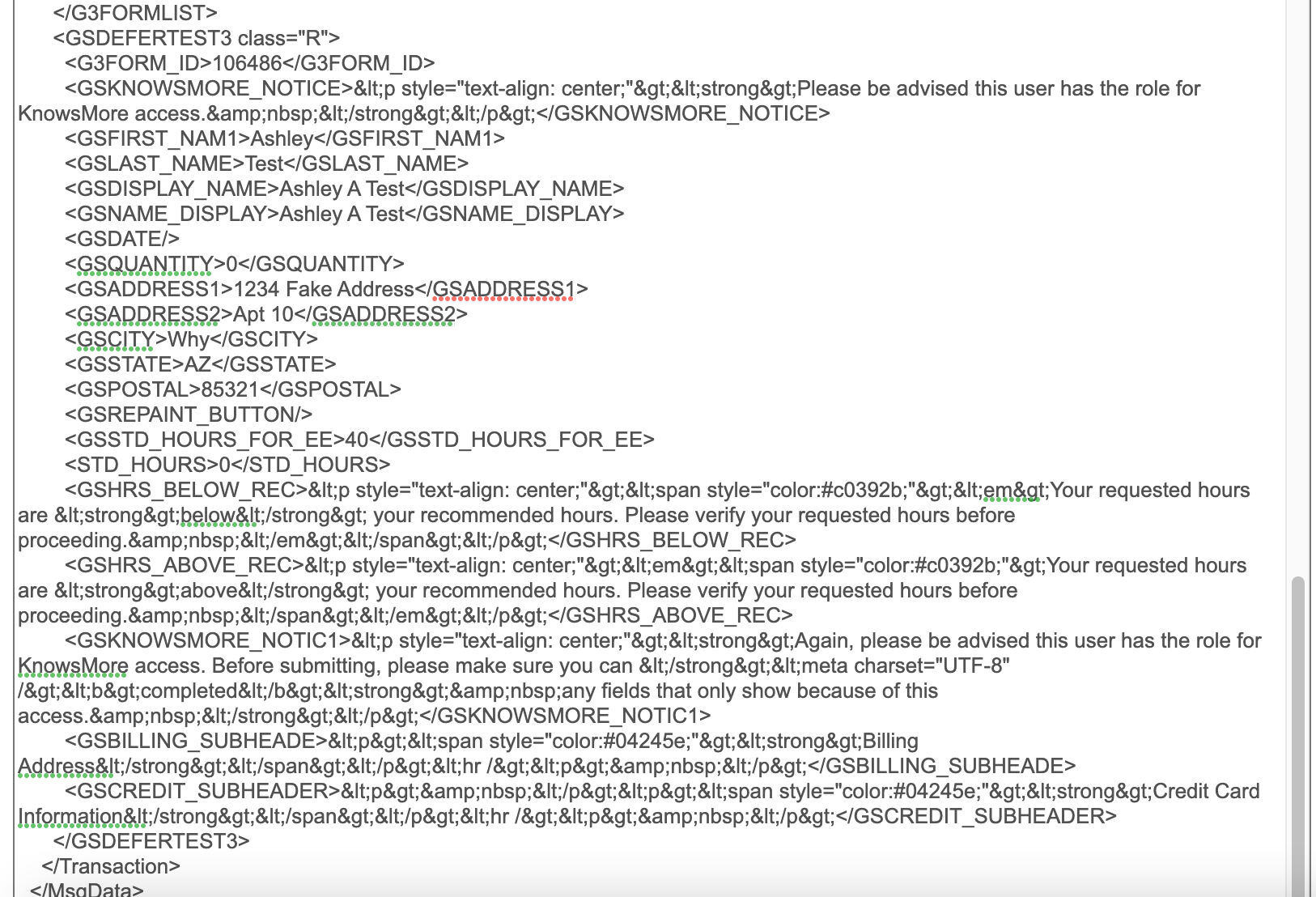 A screenshot showing an example of form data in XML format