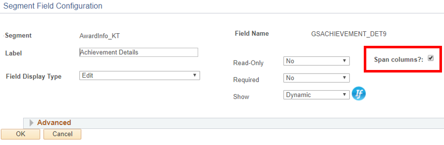 A screenshot of the &#39;Segment Field Configuration&#39; menu of Form Setup with the &#39;Span Columns&#39; checkbox checked.