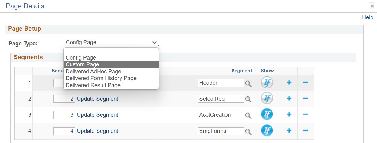 A screenshot showing the new &#39;Custom Page&#39; option in a drop-down field in Form Setup