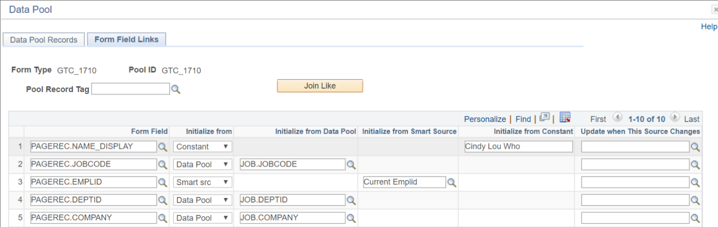 A screenshot of the form field links tab in data pool