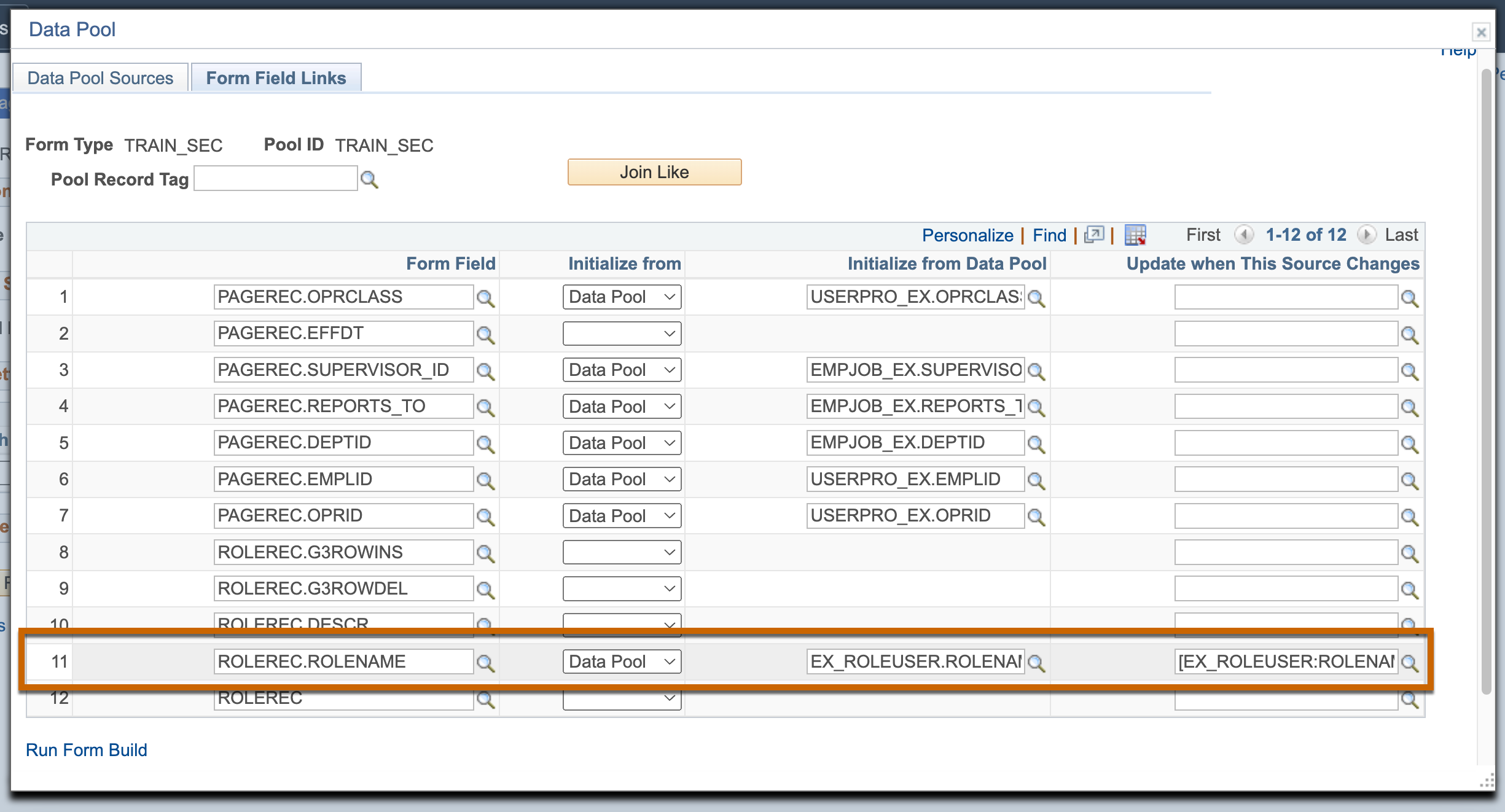 Screenshot of the Form field links when adding ROLENAME