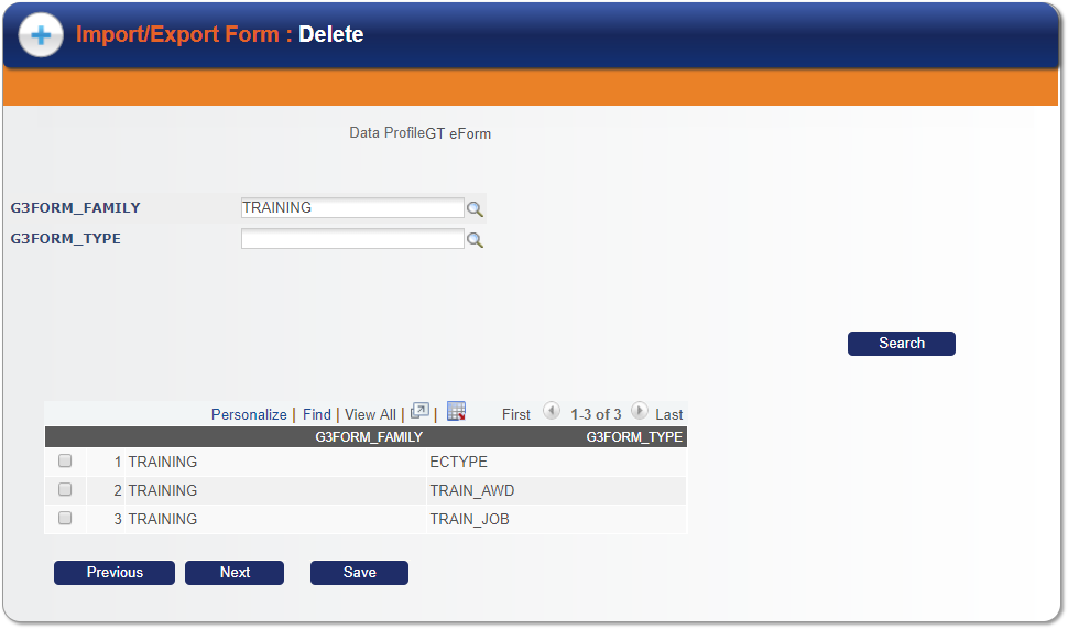 A screenshot of searching by a form family and form type for the Import/Export form process