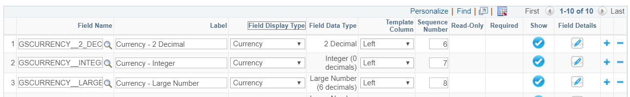 A screenshot of a Segment Configuration meny with &#39;Currency&#39; selected as the Field Display Type and applicable Field Data Type selected