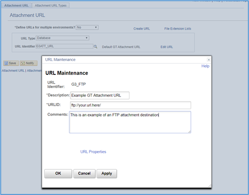 A screenshot of the url maintenance window for an FTP examble