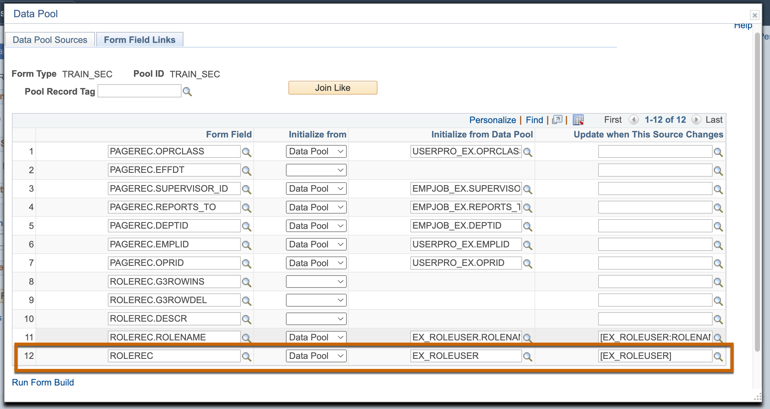 Screenshot of the Form field links when adding ROLEUSER